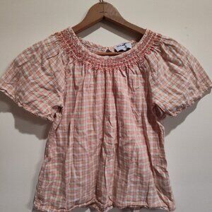 OLD NAVY Girls Peach Plaid Smocked Short Sleeve Blouse large 14-16